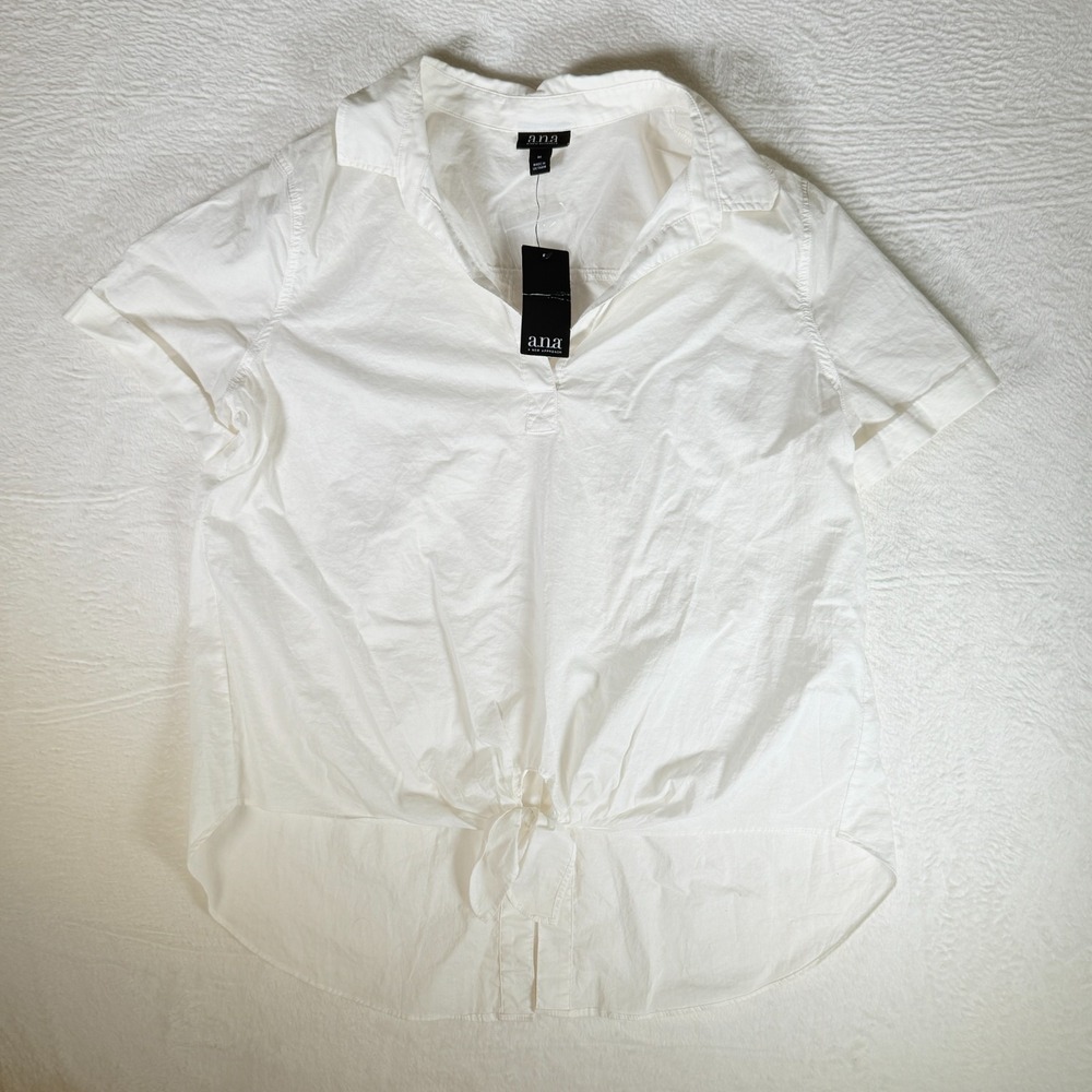 A.N.A White Buttoned Back‎ Tie Knot in Front Short Sleeve Collar V Neck NWT Med